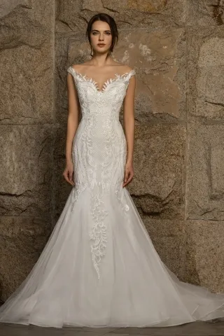 elegant off the shoulder v neck mermaid wedding dress