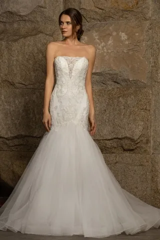 classic strapless beaded lace tulle trumpet wedding gown