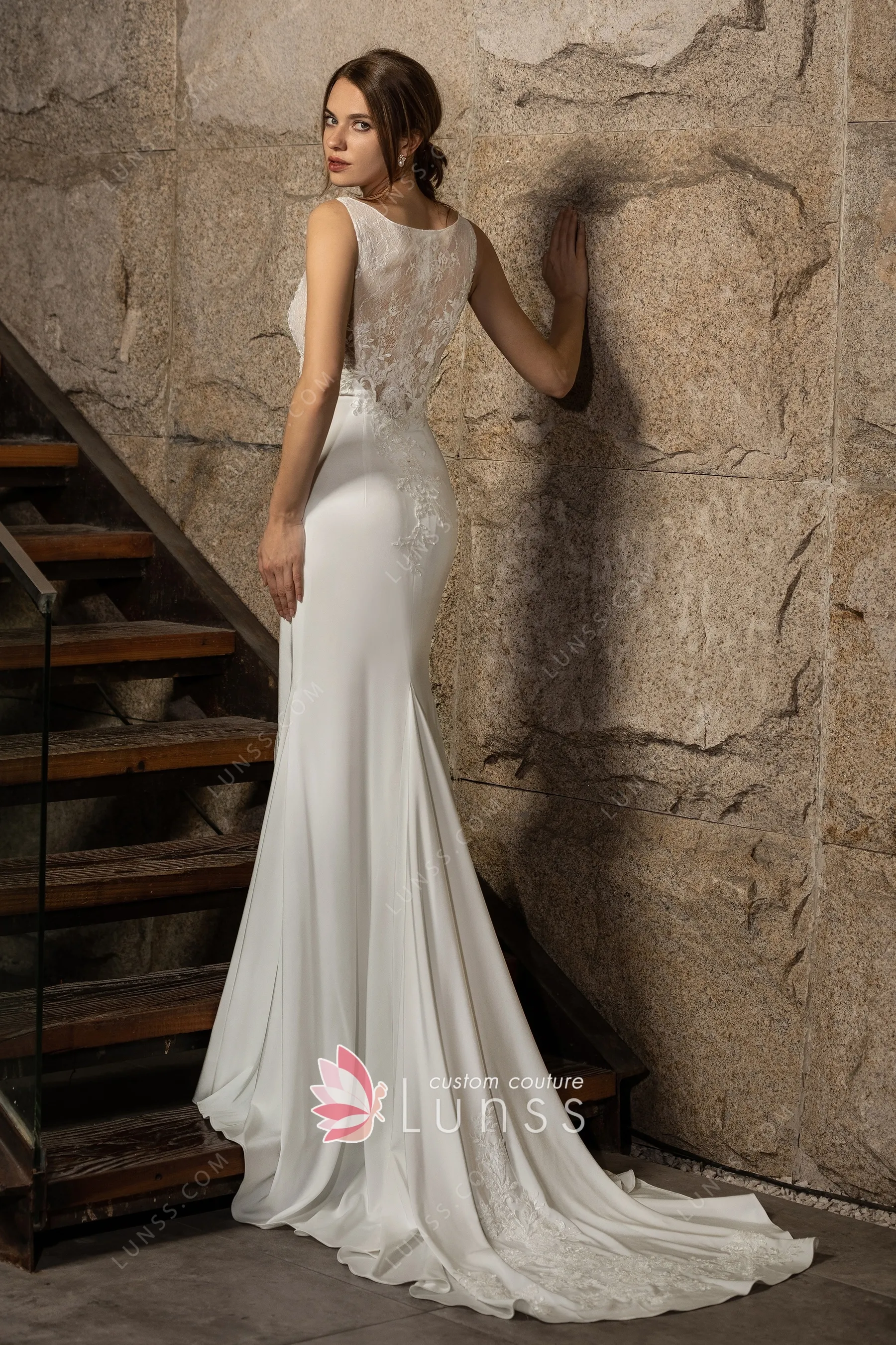 Sexy Satin Wedding Dresses with Side Split White Ivory Sweep Train Bridal  Gowns