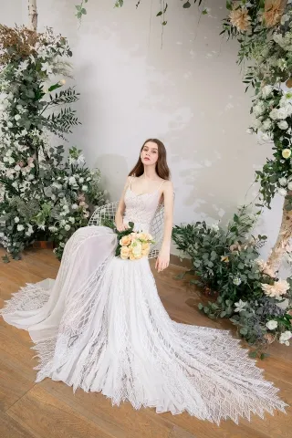 beige a line long bohemian wedding dress