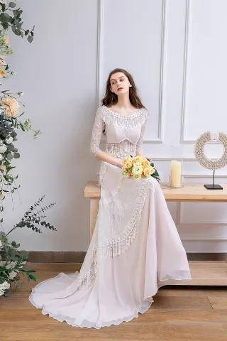 pearl pink tassels lace 34 sleeve bohemian bridal dress