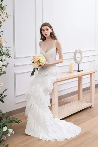 chic tiered ruffled chiffon low back column wedding dress