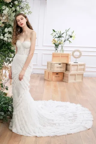charming sweetheart neck lace tulle ruffled bridal dress