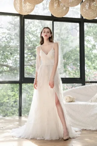 sexy v neck lace and tulle slit informal wedding dress