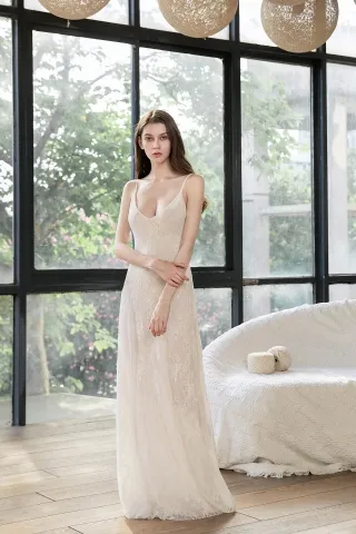 chic nude lace deep v neck sheath bohemian bridal dress