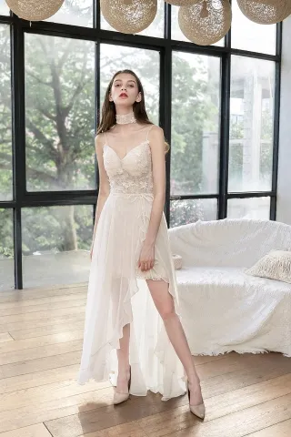 choker v neck high low bridal dress with chiffon overskirt