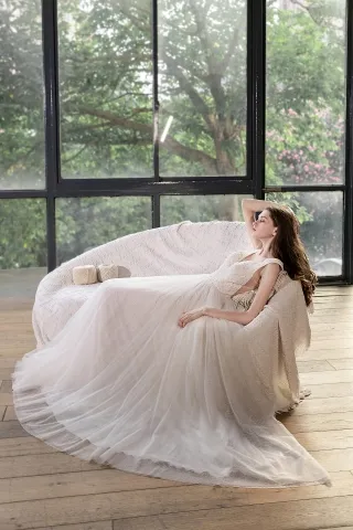 beaded lace dreamy dotted tulle deep v neck bridal dress