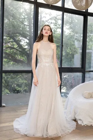 shiny sequin lace tulle overlay a line modern bridal gown