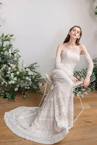 strapless striped beige lace sheath rustic wedding dress