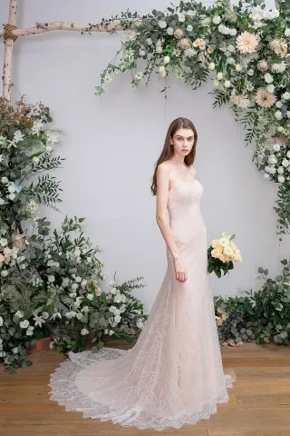 strapless lace tulle sheath pink spring bridal dress