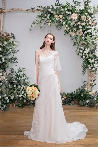 asymmetric one shoulder lace chiffon spring bridal gown