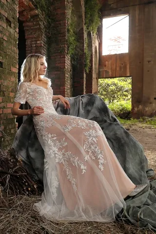 dusty rose beaded floral lace short sleeve wedding gown