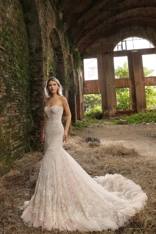 shimmering beaded lace strapless mermaid wedding dress