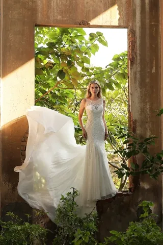 beaded lace chiffon bateau neck mermaid wedding dress