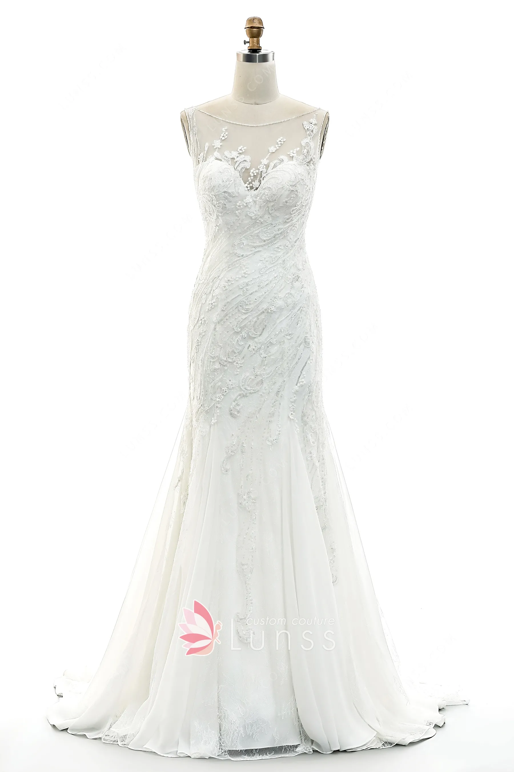 Elegant Wedding Dresses  Bateau Neck Sleeveless Backless Lace A-Line Bridal Gown main image 1