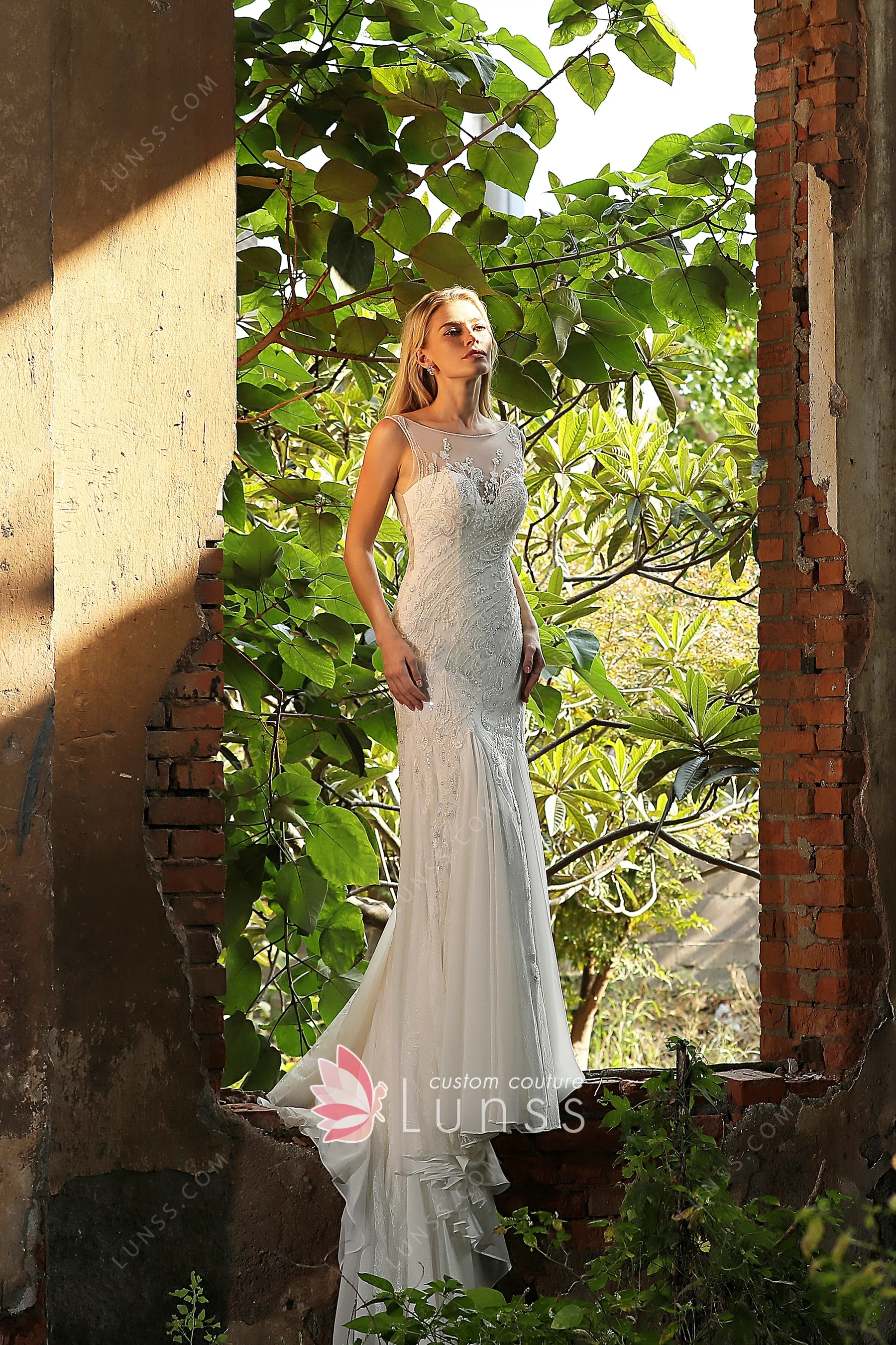 Princess Bateau Lace Chiffon 3D Flowers Bridal Gown Wedding Dress