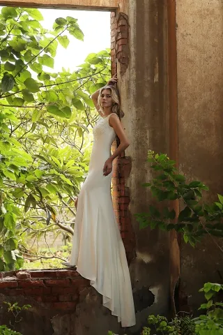 minimalist beaded lace satin sheath slit wedding gown