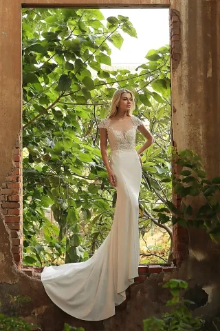 beaded lace satin cap sleeve mermaid winter bridal gown