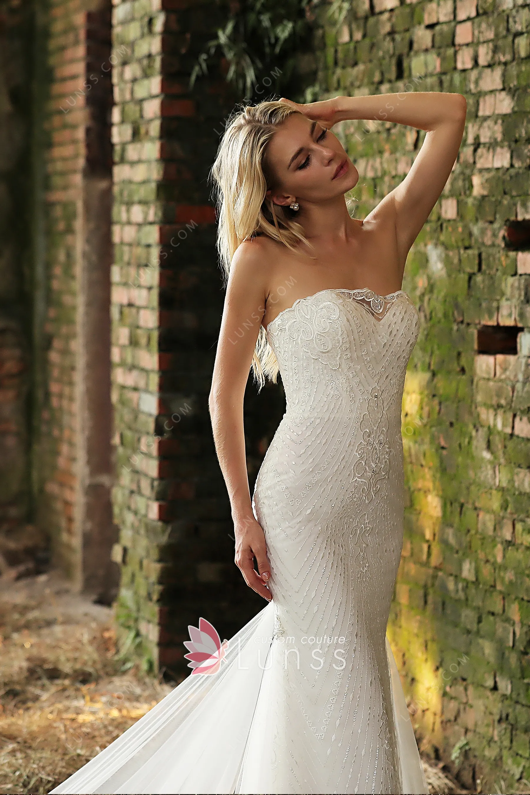 Elegant Lilac Strapless Mermaid Beaded Ruffled Tulle One-Shoulder Bow Evening Gown DP7368