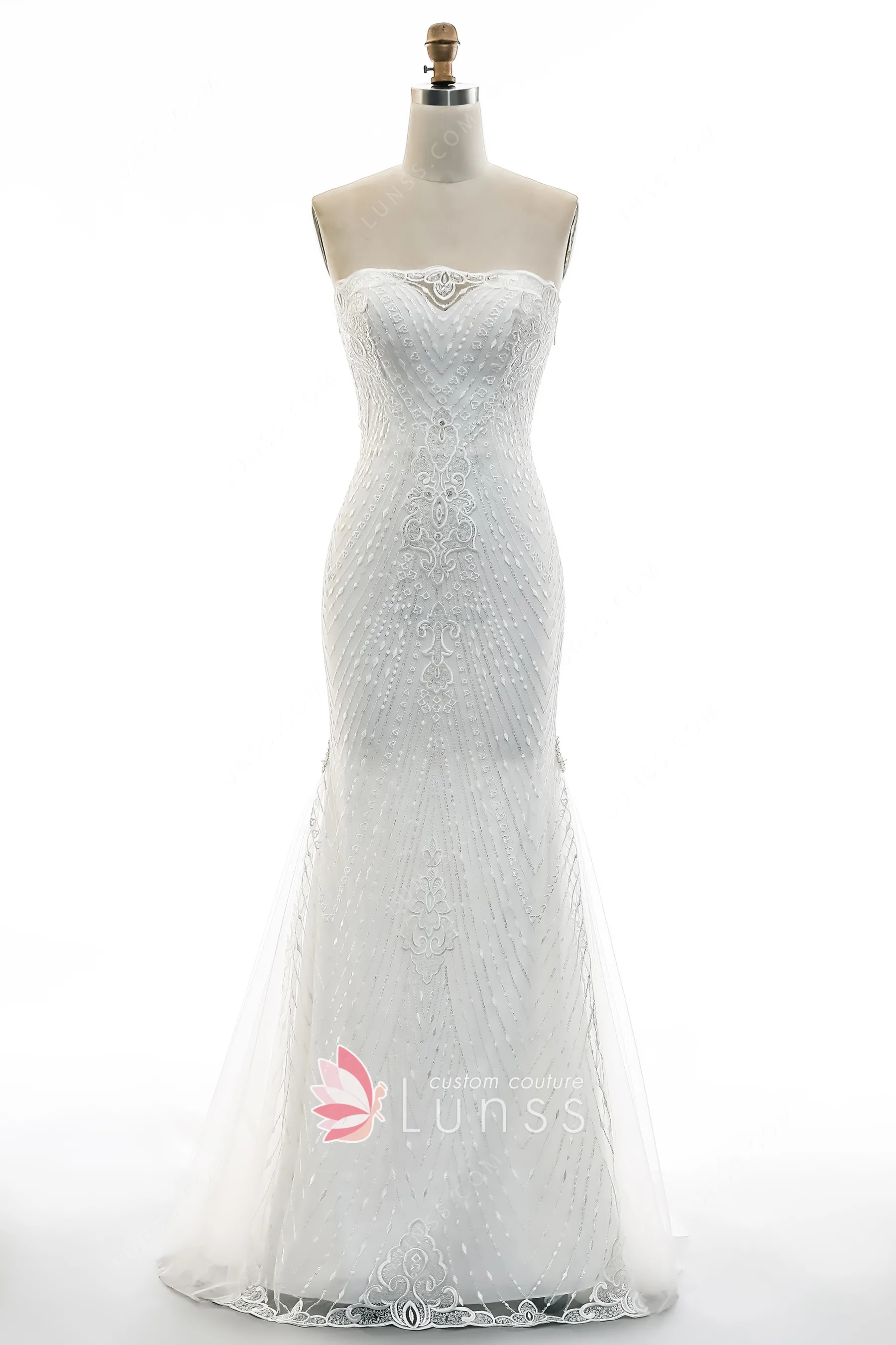 Gorgeous Mermaid Strapless Tulle Lace Sequin Beaded Long Wedding Dresses C4244