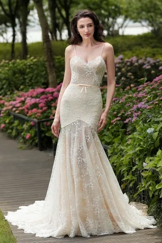 sheer flower lace spaghetti strap mermaid bridal dress