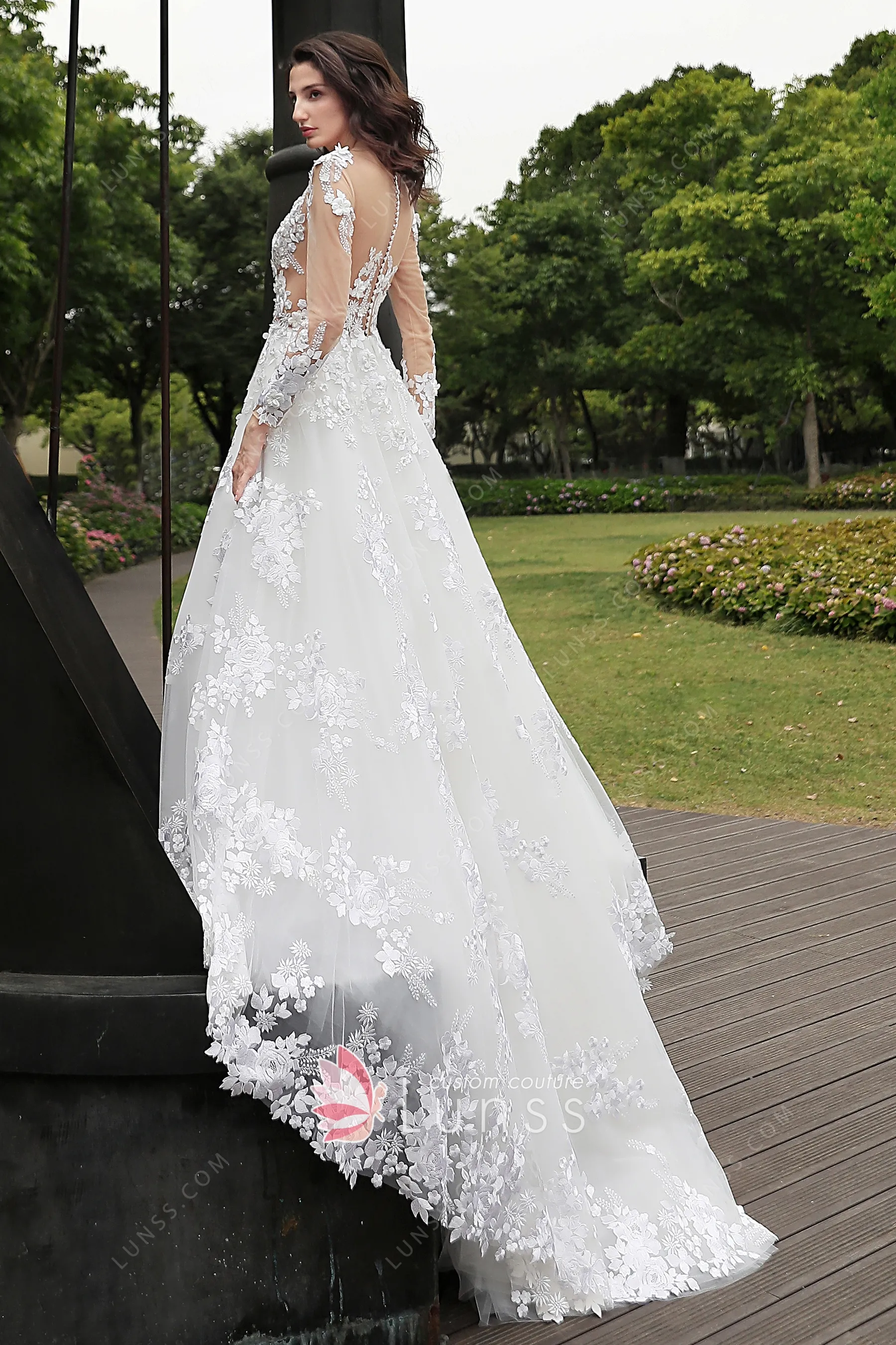 Elegant Off-Shoulder Long Sleeve Illusion Ball Gown Wedding Dress with Appliques