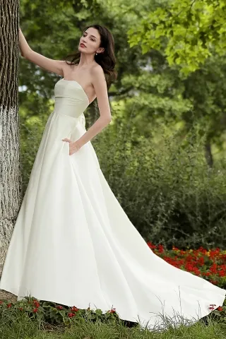 ivory satin strapless bowknot pockets modern bridal gown