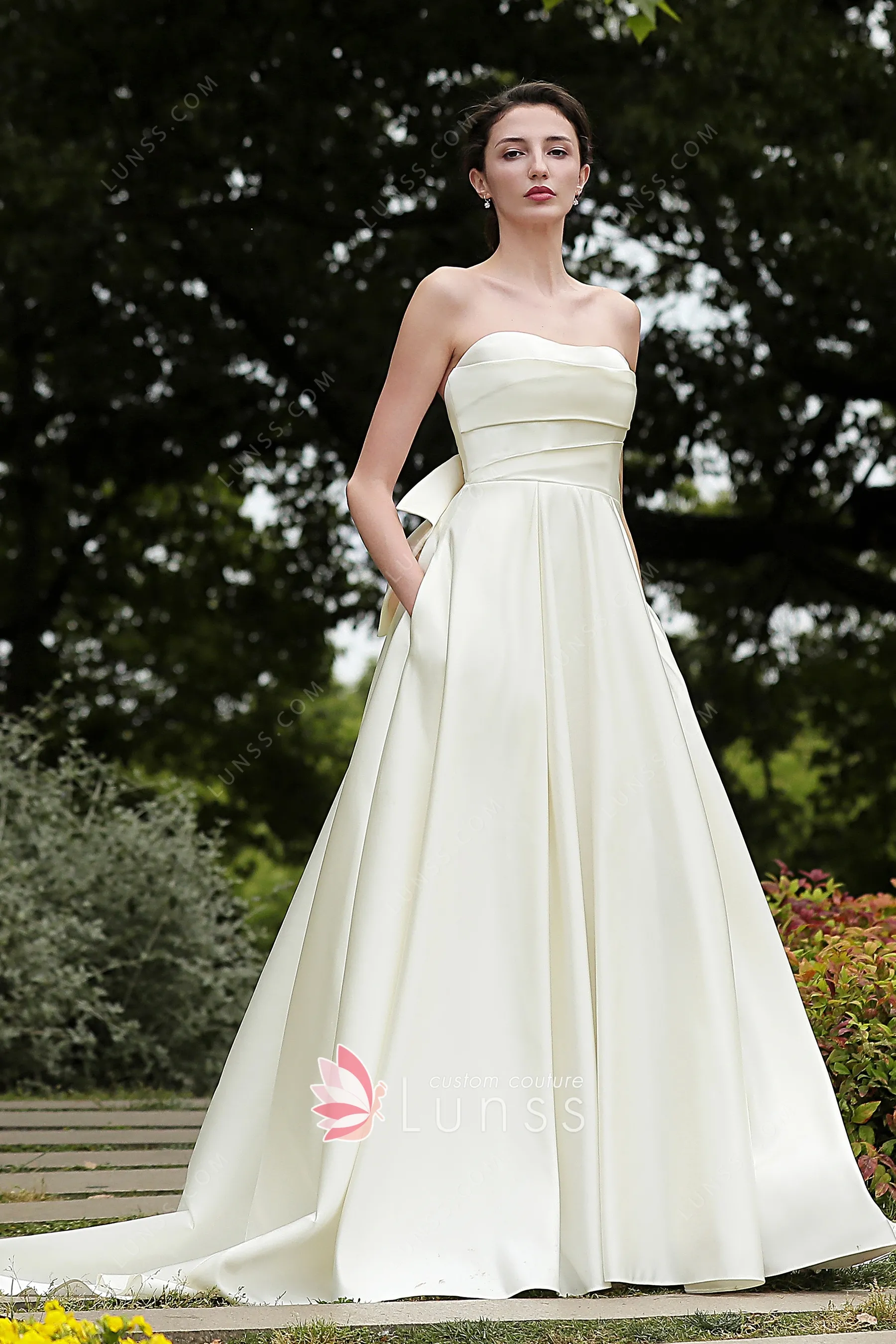 Amoris T820W Removable Strap Stretch Satin Floor Length Modern Bridal Gown