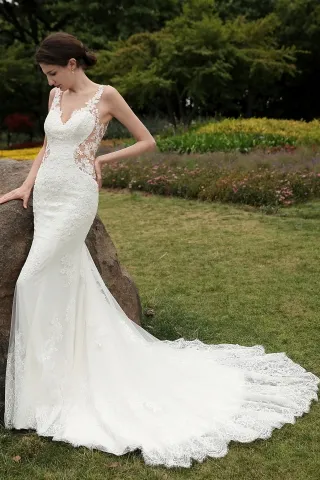 seductive v neck illusion lace mermaid fall bridal dress
