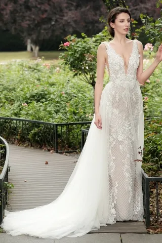 sexy plunging neck flower lace bridal gown with overskirt