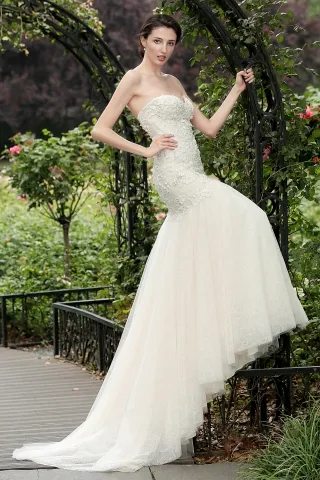 classic pearl beaded lace nude tulle mermaid wedding gown