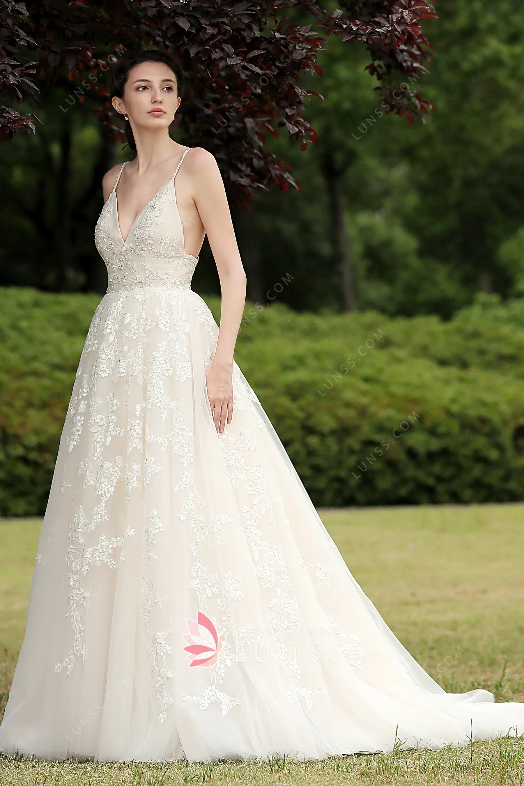 Spaghetti Straps V-neck Beaded Lace Garden Bridal Dress - Lunss