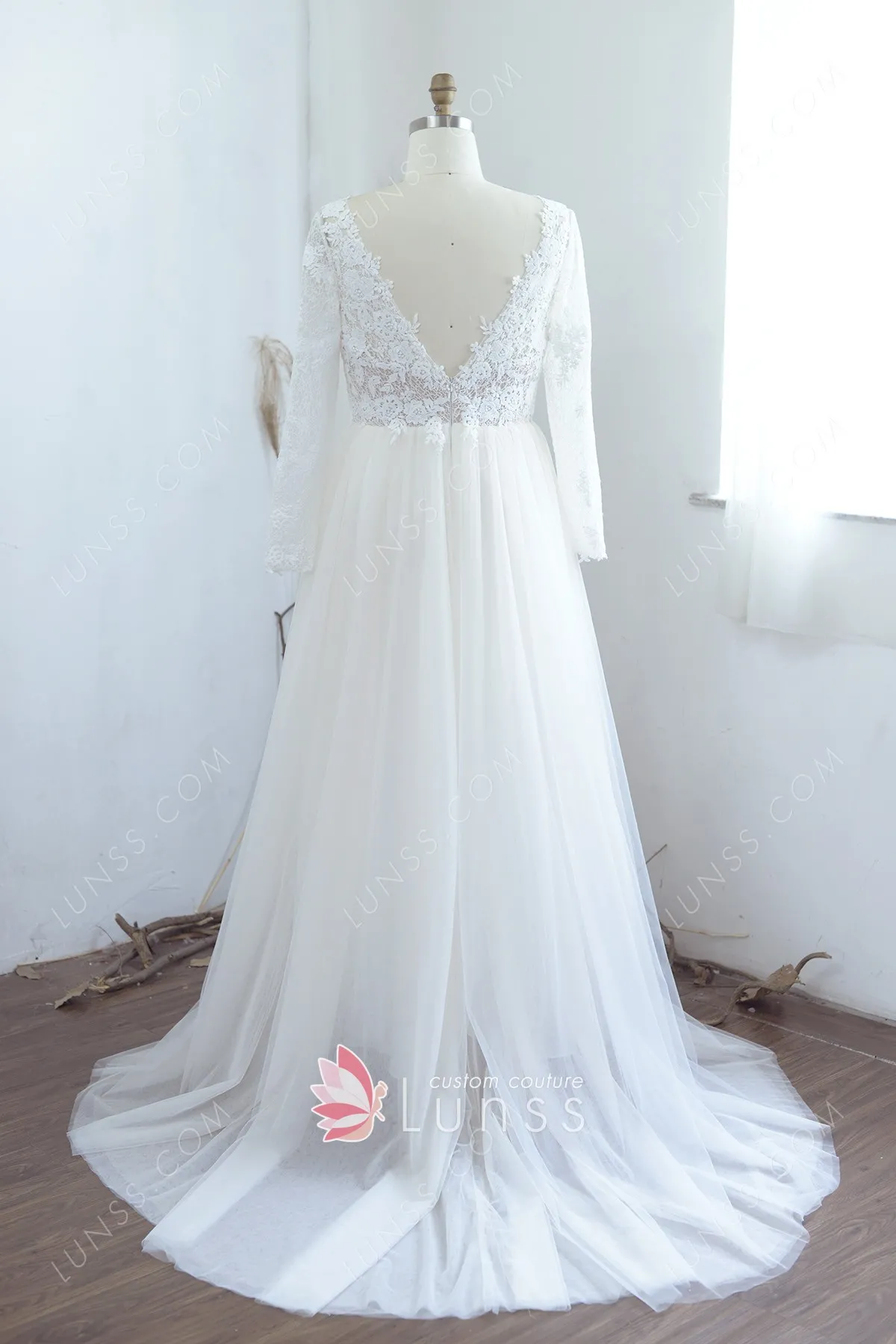Unique Tulle Lace Long Wedding Dress, Ivory Short Sleeves Lace Up Back Bridal Dresses UQ2585