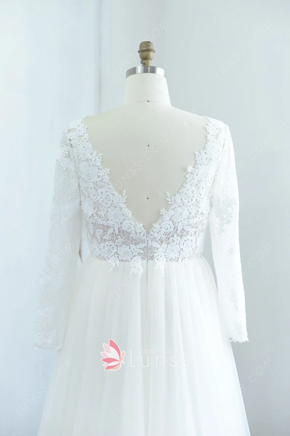 Elegant Hi-lo Lace Tulle Wedding Dresses With Long Sleeves