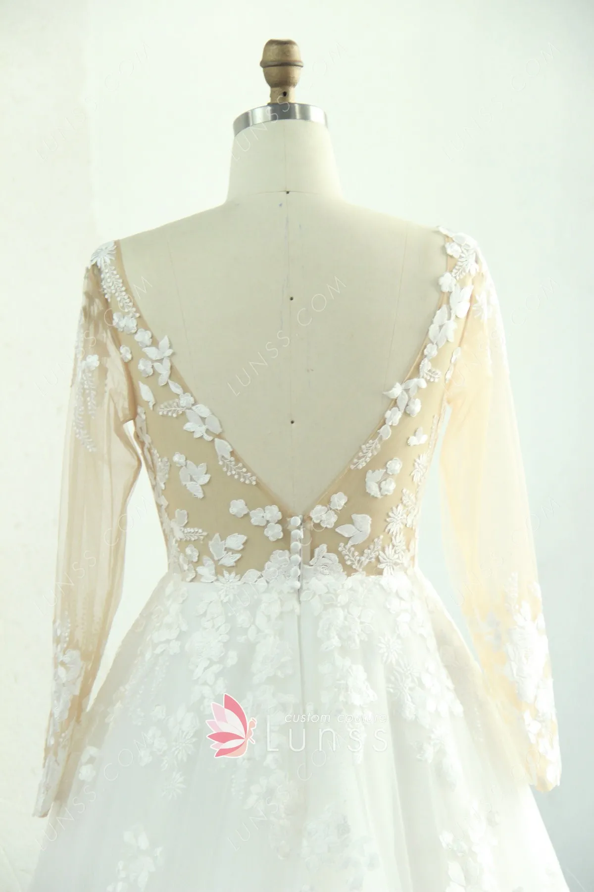 V back long sleeves sheer bodice bridal gown V back long sleeves sheer bodice bridal gown
