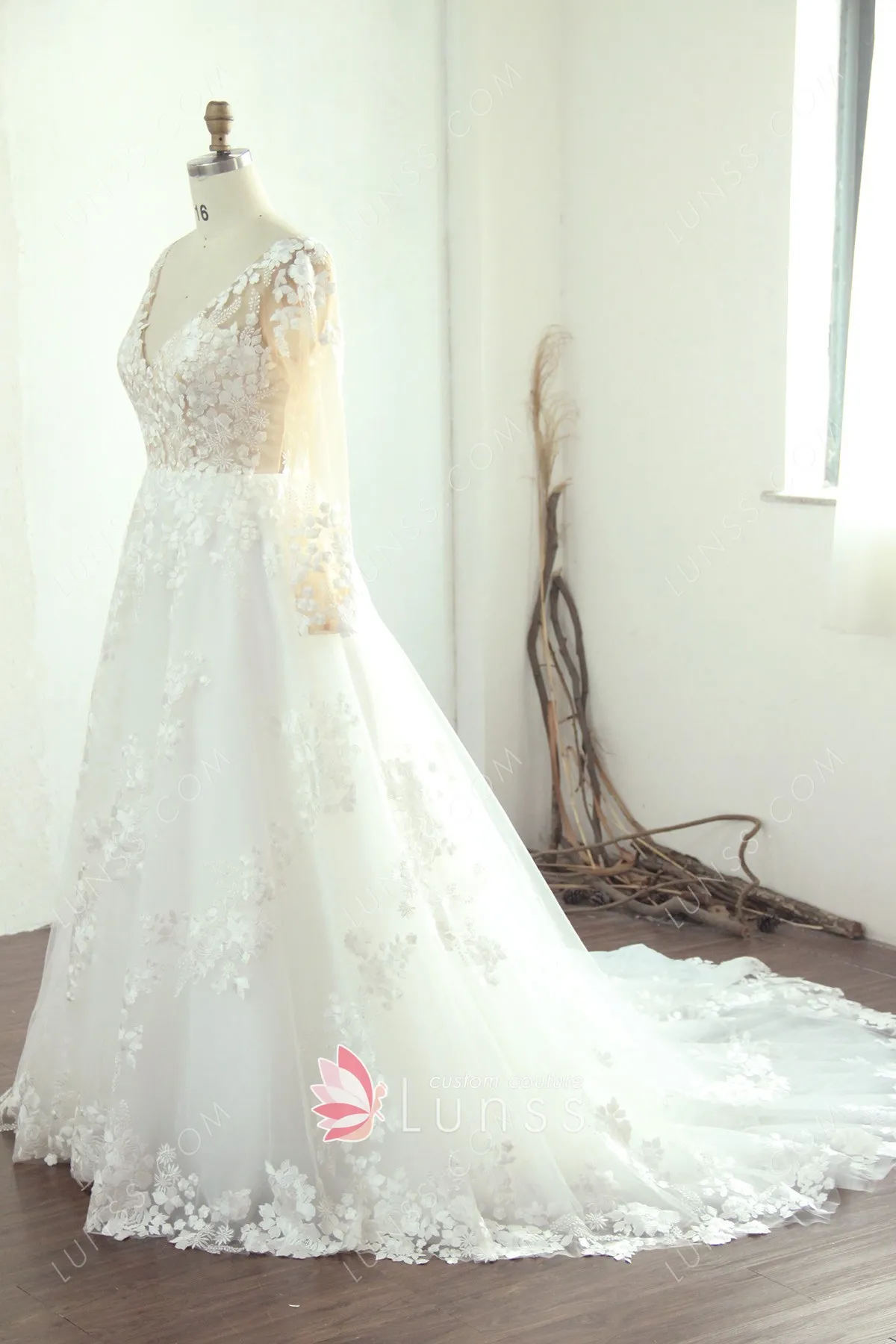 ivory lace tulle long sleeves sheer bodice bridal gown ivory lace tulle long sleeves sheer bodice bridal gown