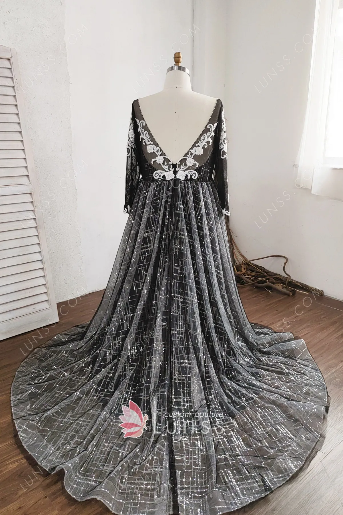 One of a Kind Black Tulle White Glitter Bridal Dress - Lunss
