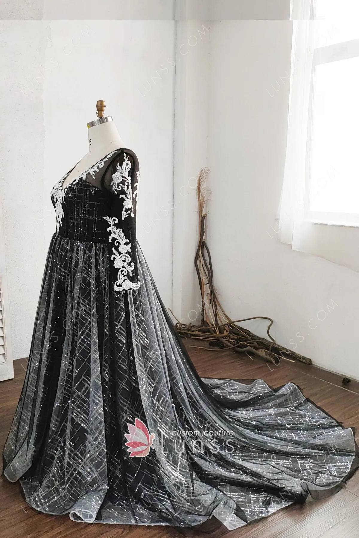 One of a Kind Black Tulle White Glitter Bridal Dress