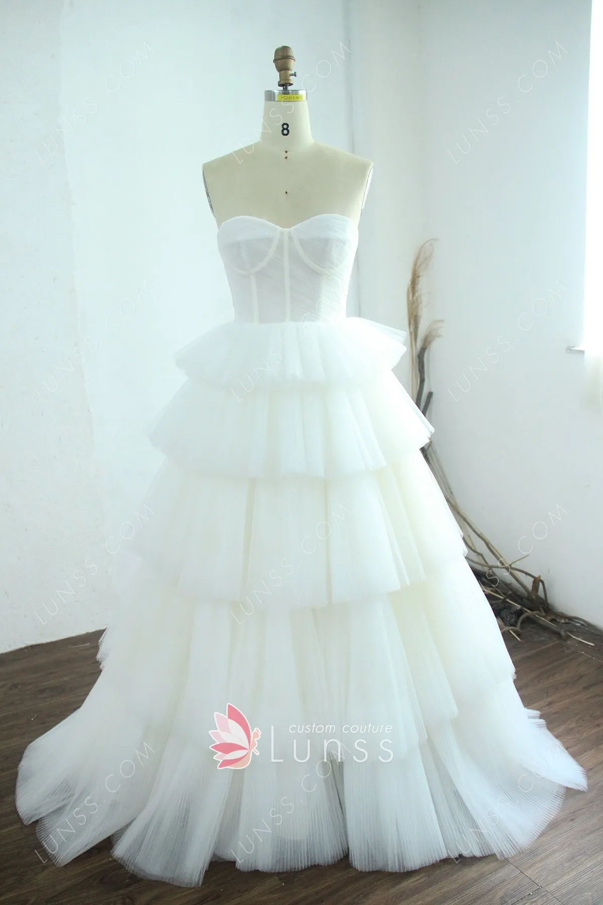 Adorable Tiered Pleated Ivory Tulle Wedding Dress Lunss