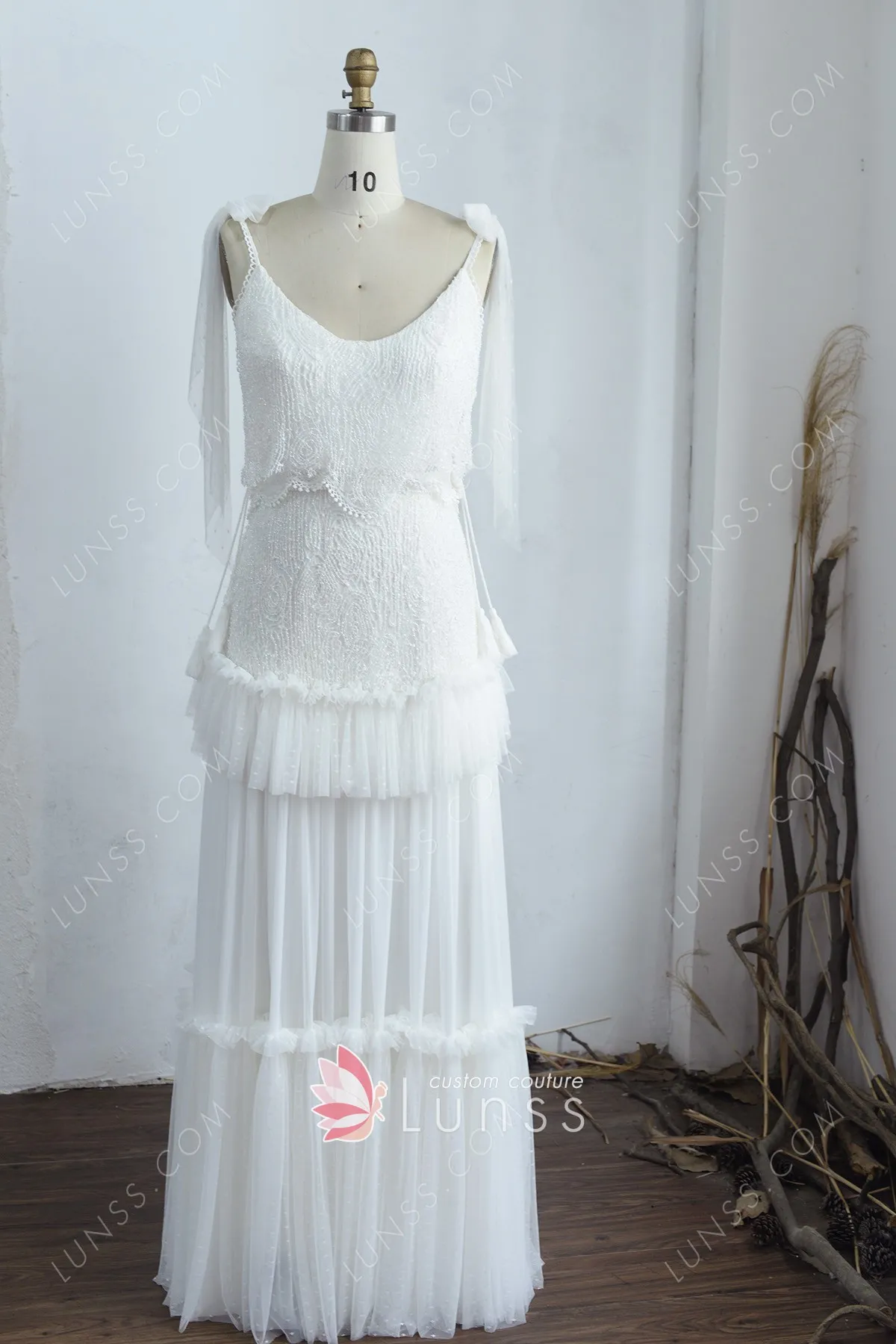 Glitter Lace Dotted Tulle A-line Tiered Boho Bridal Dress - Lunss Glitter Lace Dotted Tulle A-line Tiered Boho Bridal Dress - Lunss
