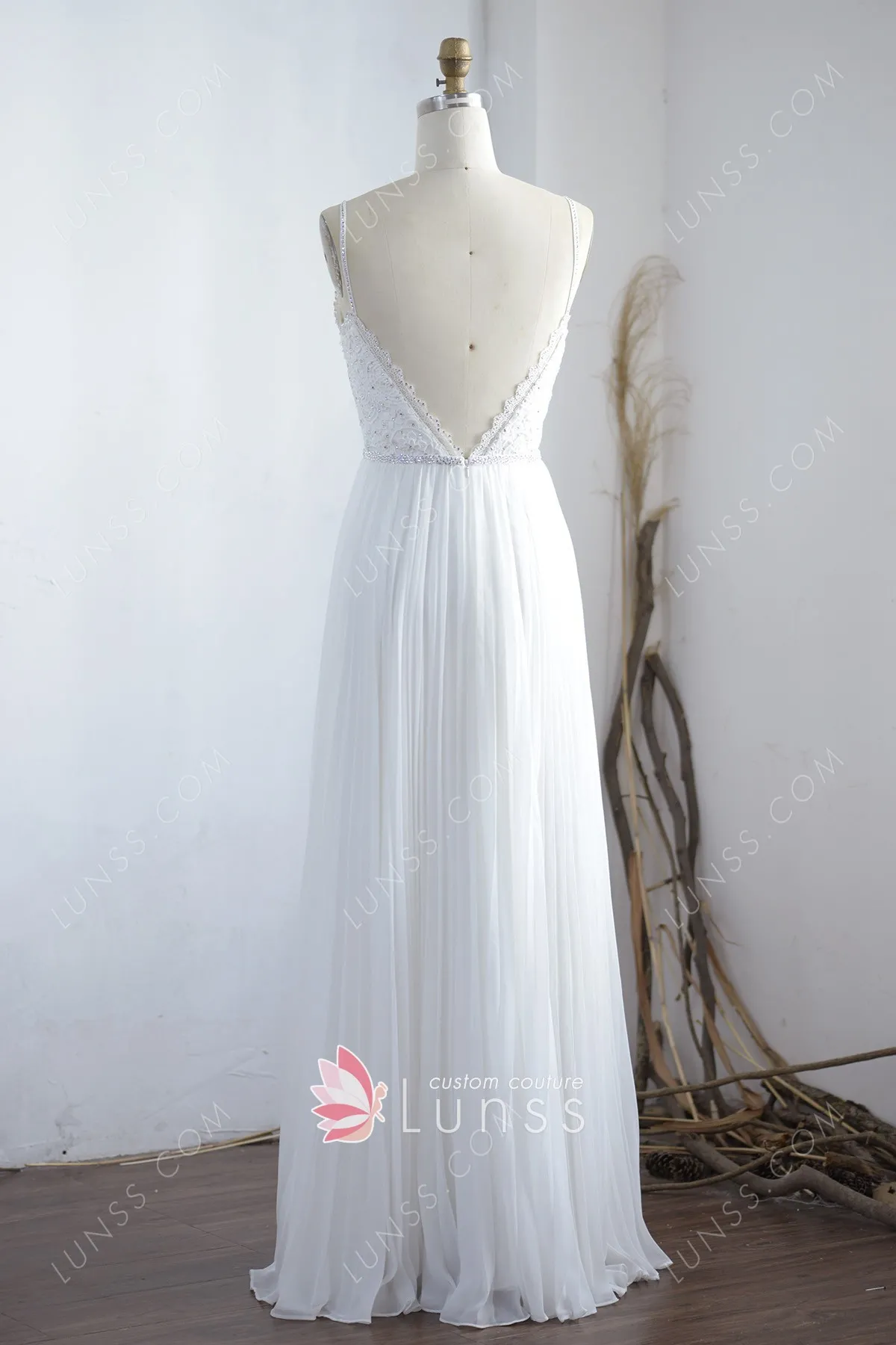 Beaded Lace Pleated Chiffon Spaghetti Straps Bridal Dress - Lunss