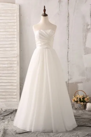 strapless draped satin tulle a line simple bridal dress