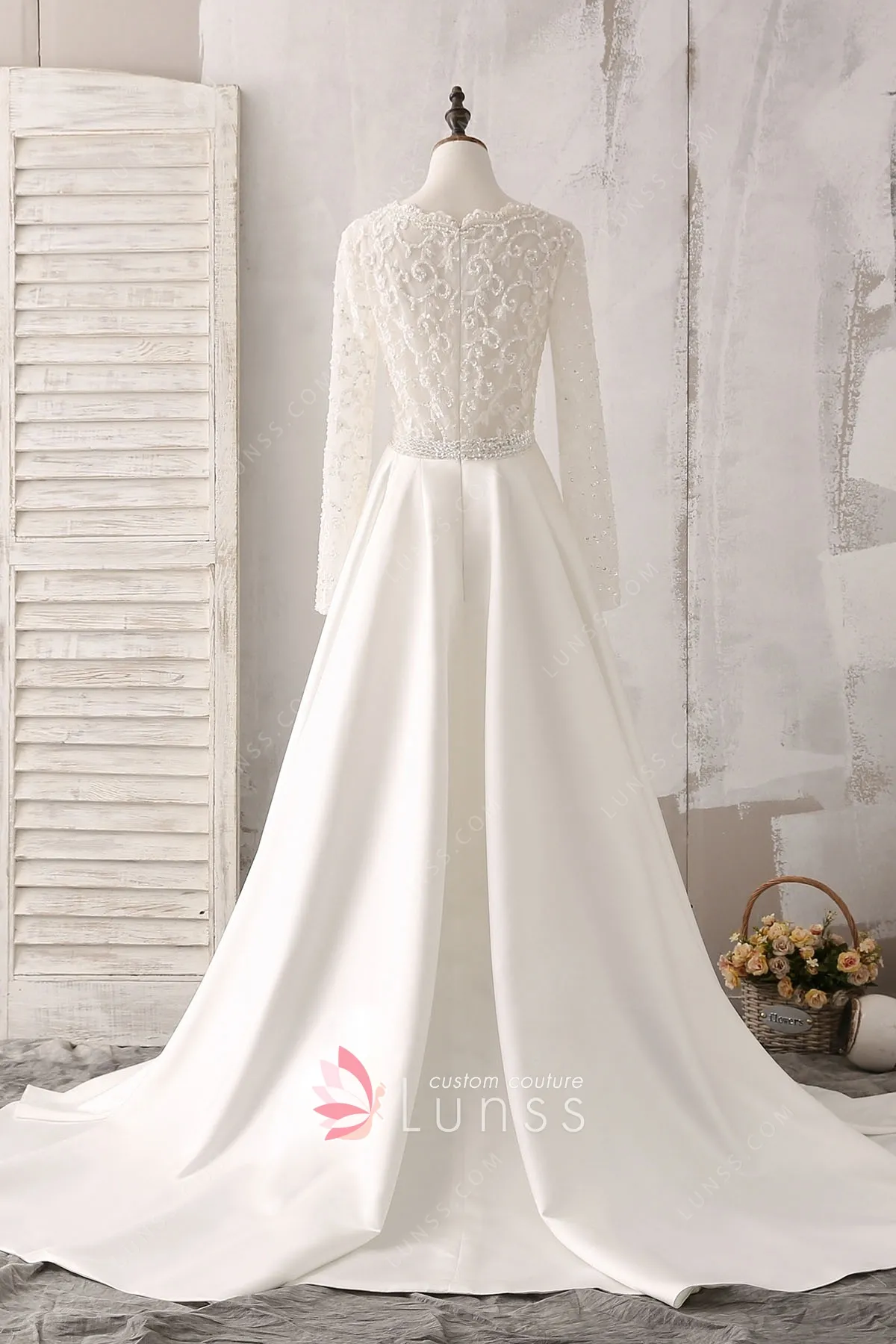 Sheath Wedding Dress With Long Sleeves, Tattoo-effect Back And Beading