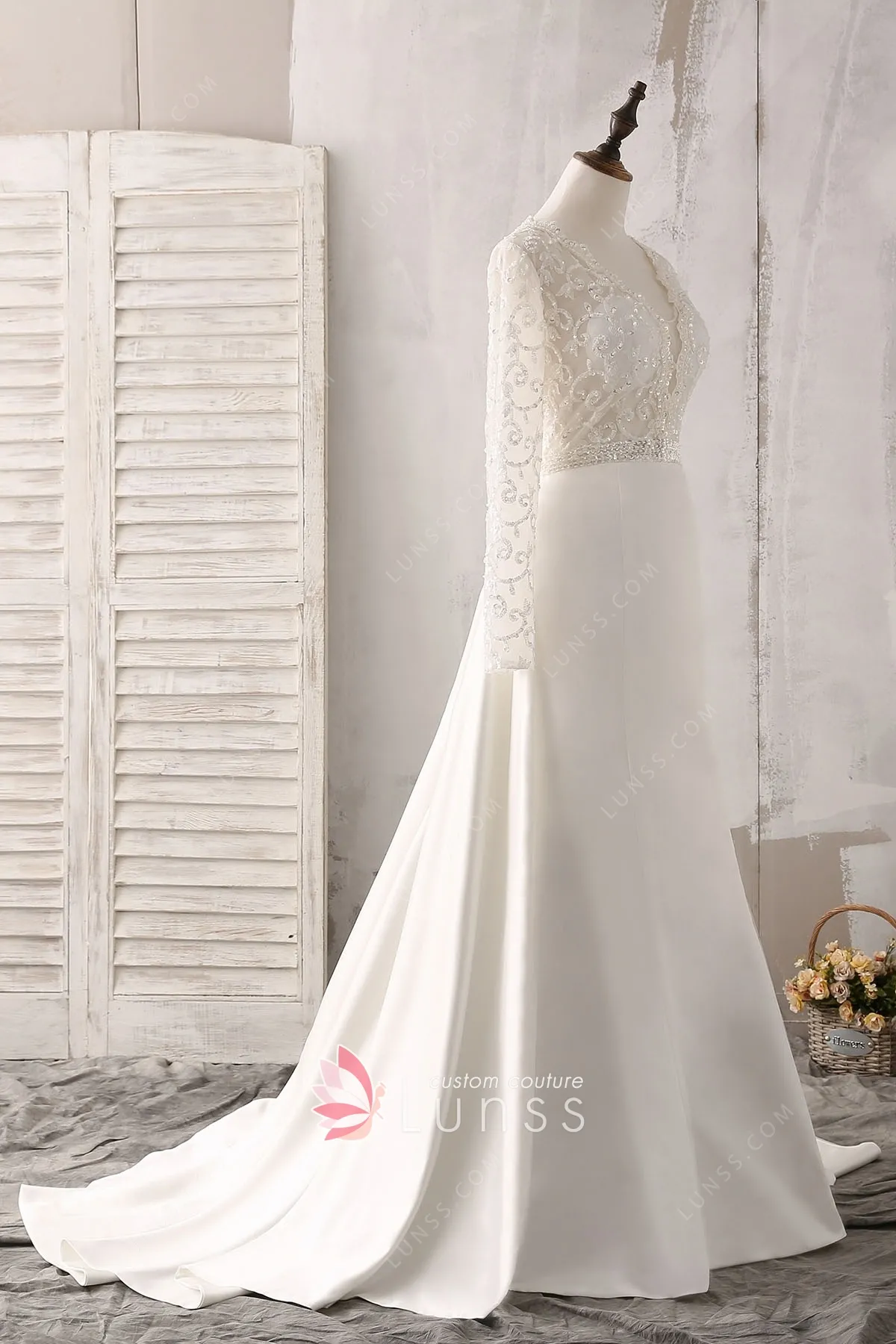 Sheath Wedding Dress With Long Sleeves, Tattoo-effect Back And Beading