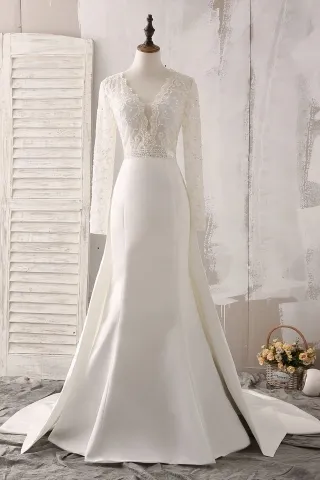scalloped beaded long sleeve elegant mermaid bridal dress