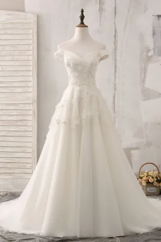 3d flowers off the shoulder ivory tulle wedding dress