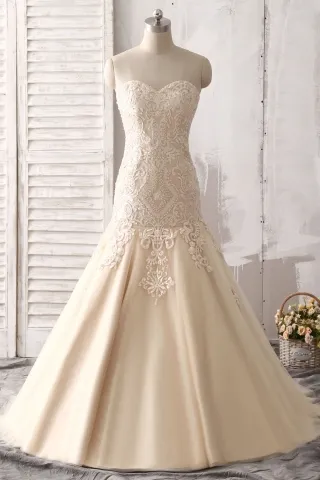 luxury pearled champagne lace trumpet wedding dress