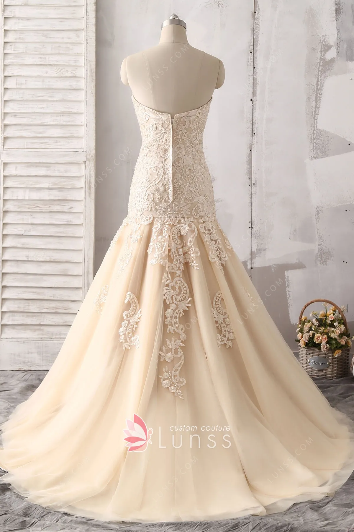Luxury Beaded Champagne Strapless Trumpet Fall Wedding Dress main image 1