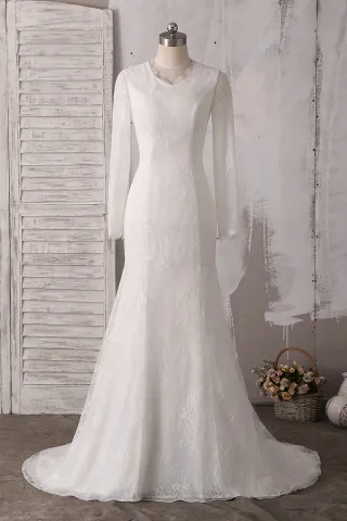 Modest Ivory Lace Satin High-neck Vintage Wedding Gown