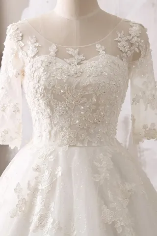 classic beaded lace cathedral train wedding ball gown